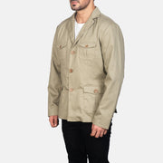 
Beige Poly-Cotton Leather Blazer - Вид сзади, подчеркивающий посадку по плечам и ровный край