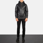
Kenton Hooded Blue Suede Pullover Jacket - Вид сбоку, демонстрирующий эргономичный крой рукава