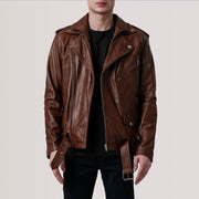 
Kole Waxed Коричневый Leather Double Rider Кожаная куртка для Мужчин in Distressed Brown Sheepskin Burnished - Вид спереди и приталенный силуэт | Купить в официальном онлайн-магазине