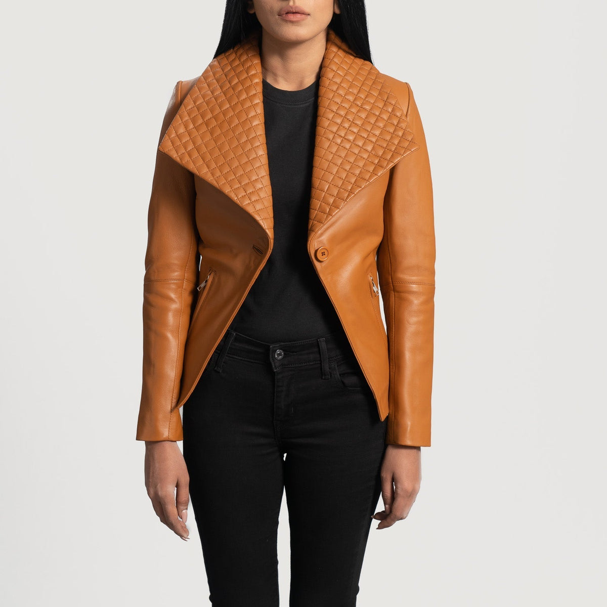 Women's Lee Tan Brown Leather Blazer - Lateral Side Profile View Showing Sleeve Cut &amp; Athletic Taper Fit