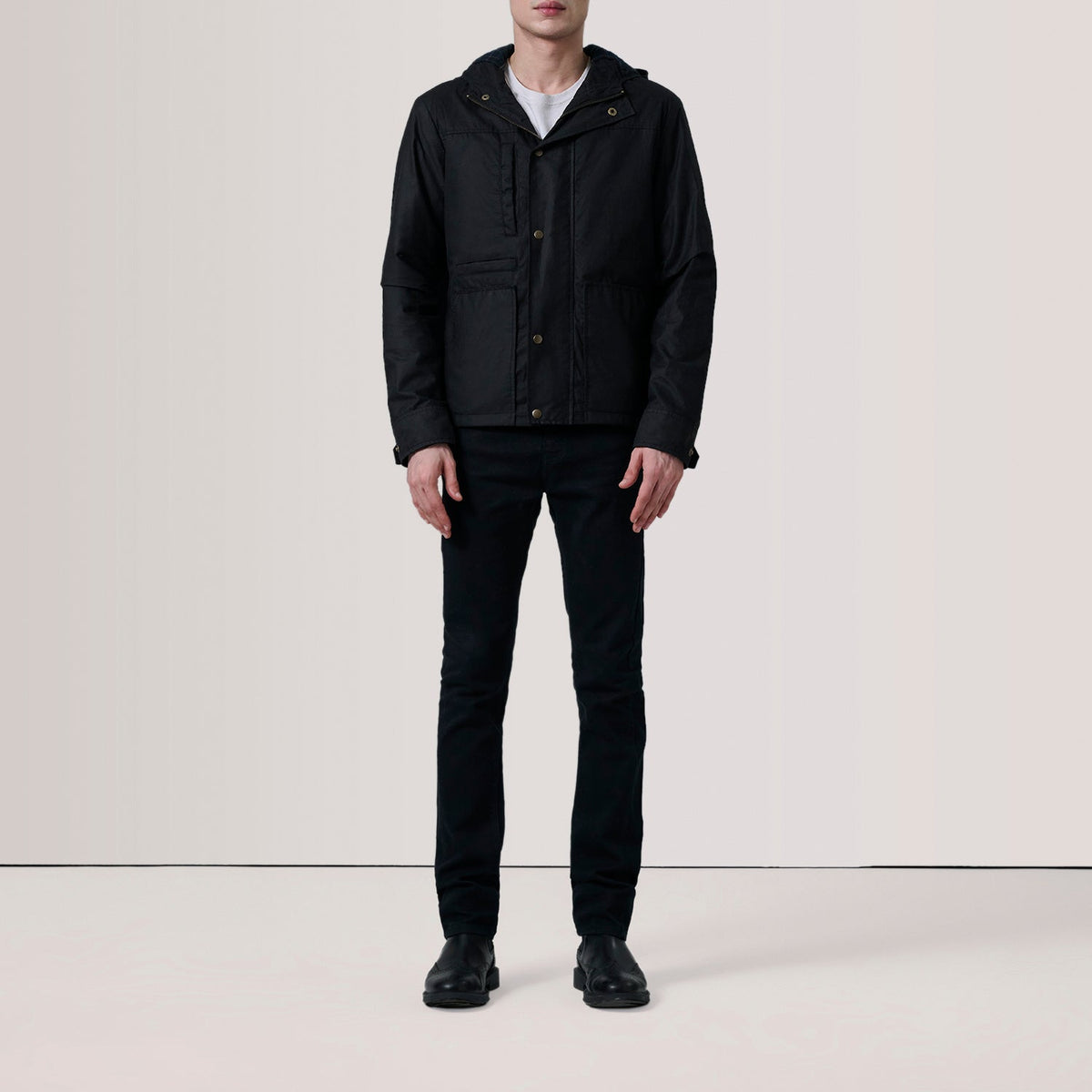 Black Waxed Cotton Canvas Hooded Jacket - Back View Showing Tailored Shoulder Fit &amp; Clean Hemline