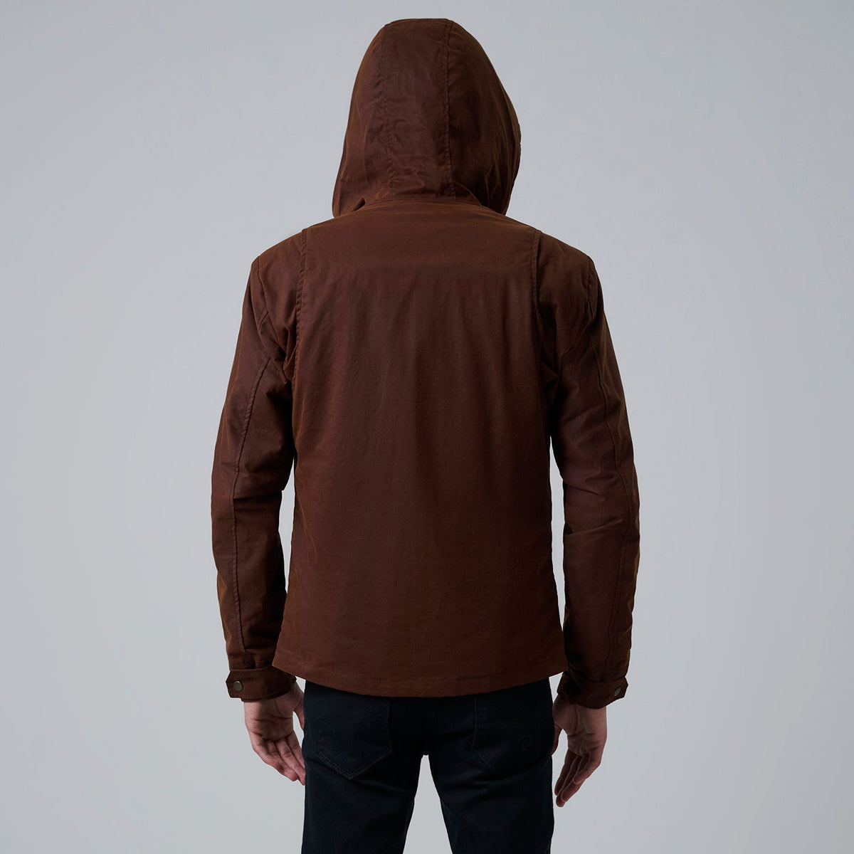 Close-Up Detail of Hooded &amp; Zipper with placket Hardware on Marlo Brown Canvas Hooded Work Jacket For Men