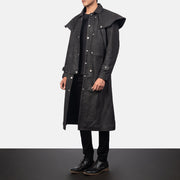 
Distressed Black Sheepskin Snuffed Trench Coat - Вид сзади, подчеркивающий посадку по плечам и ровный край