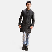 Close-Up Detail of Band with snap button &amp; Zipper with button flap Hardware on Men's Midlander Quilted Black Leather Coat