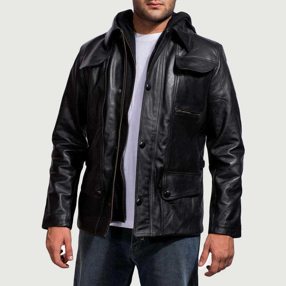
Black Cowhide Leather Hooded Jacket - Вид сзади, подчеркивающий посадку по плечам и ровный край