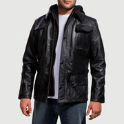 
Black Cowhide Leather Hooded Jacket - Вид сзади, подчеркивающий посадку по плечам и ровный край
