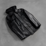 
Мастерство обработки подола и швов на Moulder Hooded Черный Кожаная куртка для Мужчин