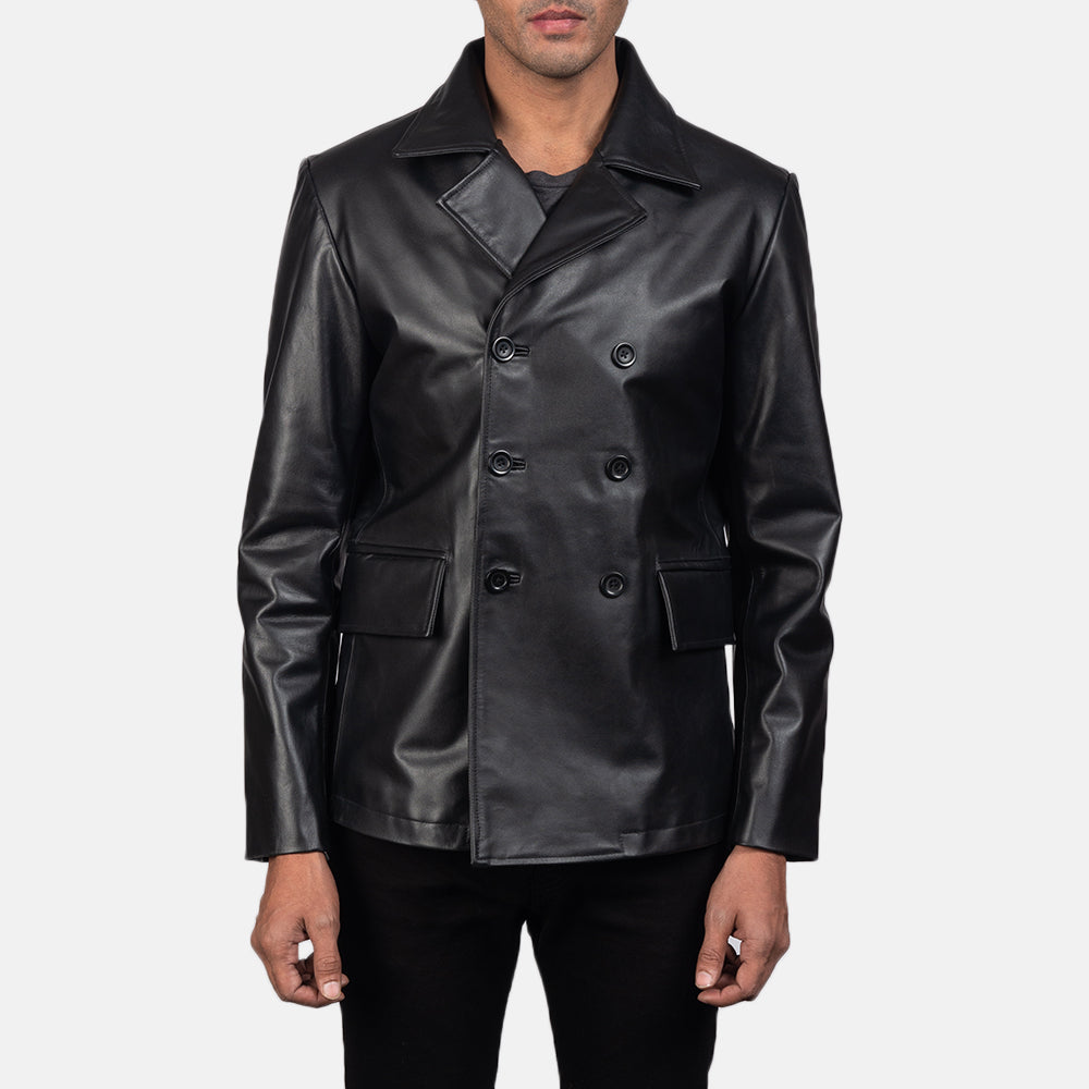 Mr. Bailey Черная Leather Naval Peacoat мужская in Black Cowhide Leather - Вид спереди и приталенный силуэт | Купить онлайн