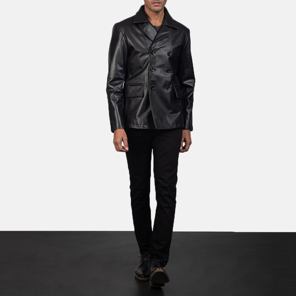 Mr. Bailey Черная Leather Naval Peacoat мужская - Вид сбоку с анатомическим кроем рукава