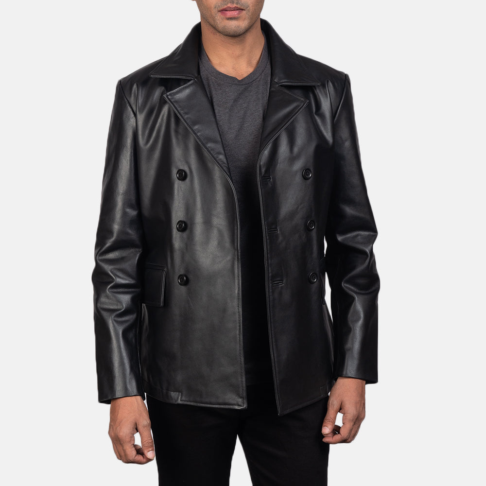 Крупный план деталей of Notch &amp; Buttons Hardware on Mr. Bailey Черная Leather Naval Peacoat мужская