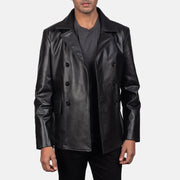 Крупный план деталей of Notch &amp; Buttons Hardware on Mr. Bailey Черная Leather Naval Peacoat мужская