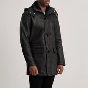 
Distressed Black Sheepskin Snuffed Hooded Jacket - Вид сзади, подчеркивающий посадку по плечам и ровный край