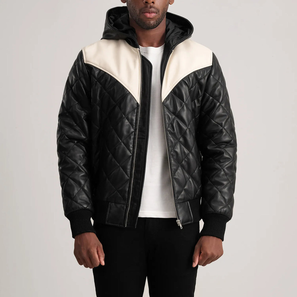 
Norman Tan Hooded Bomber Leather Puffer Jacket in Tan Brown Sheepskin Leather - Вид спереди и приталенный силуэт | Купить в официальном онлайн-магазине