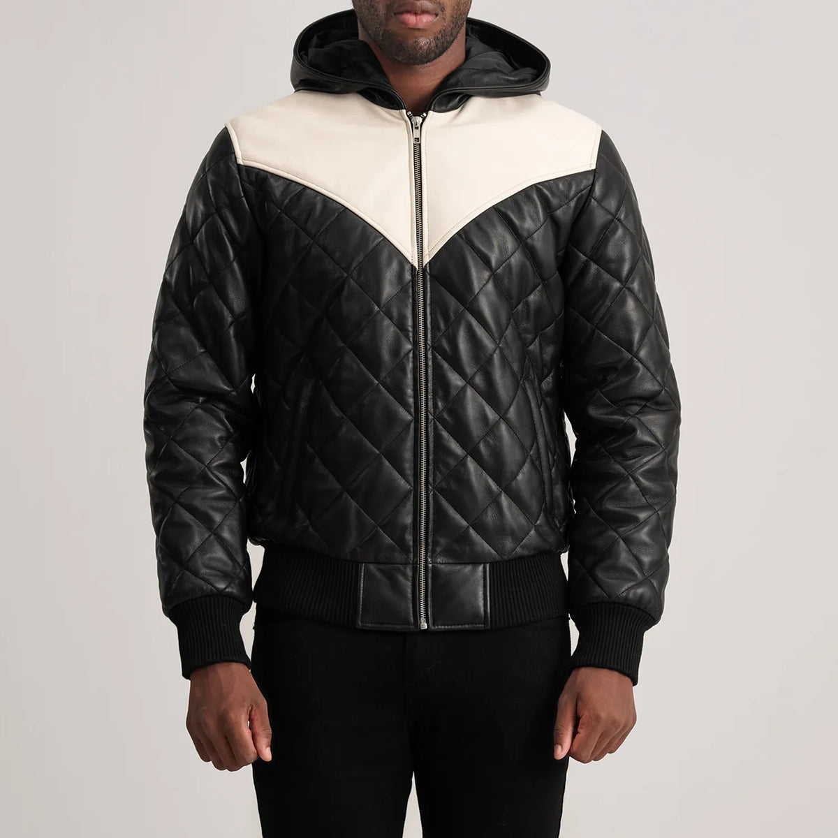 
Крупный план деталей of Hooded & Zipper Hardware on Norman Tan Hooded Bomber Leather Puffer Jacket