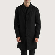 Close-Up Detail of Notch &amp; Button Hardware on Petrillo Black Wool Single Breasted Coat