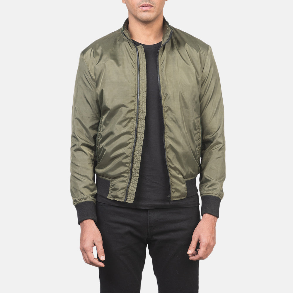 Men's Ramon Green Bomber Jacket in Green Nylon - Front Profile View &amp; Tailored Silhouette | Buy Online