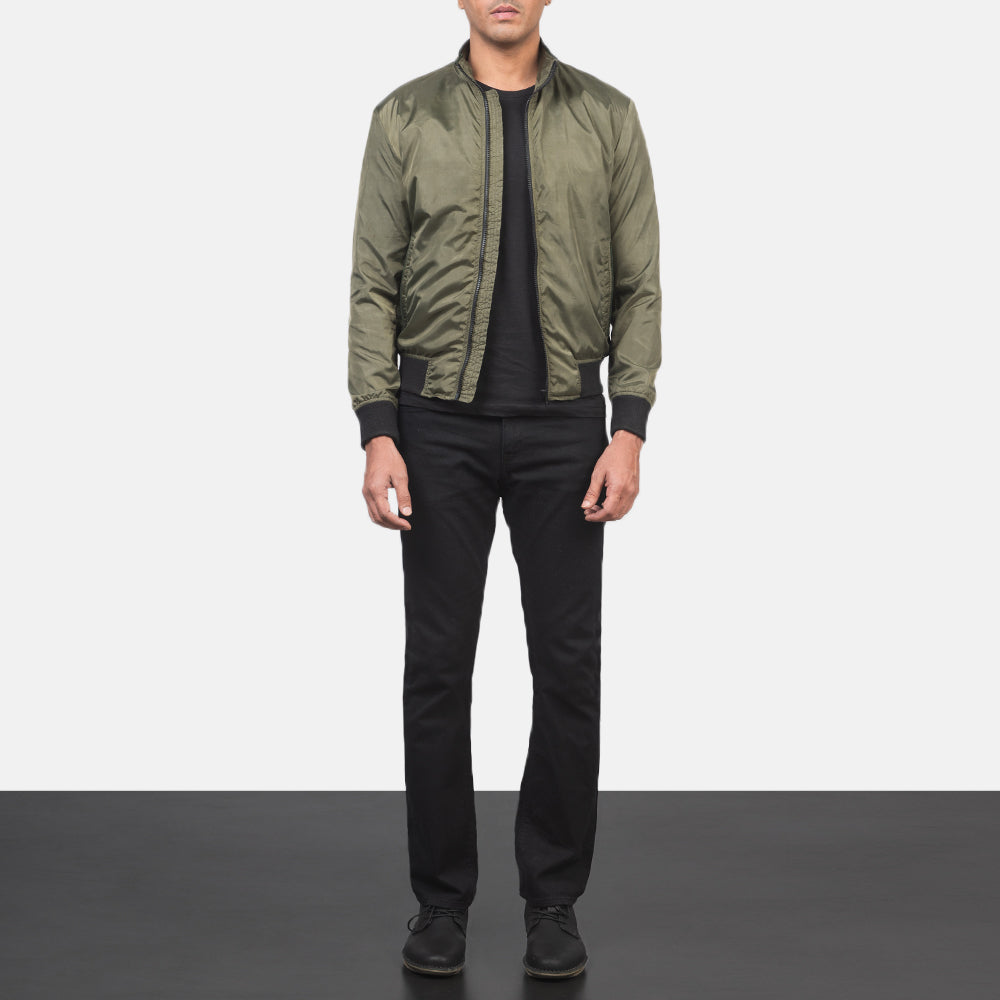 Men's Ramon Green Bomber Jacket - Lateral Side Profile View Showing Sleeve Cut &amp; Athletic Taper Fit