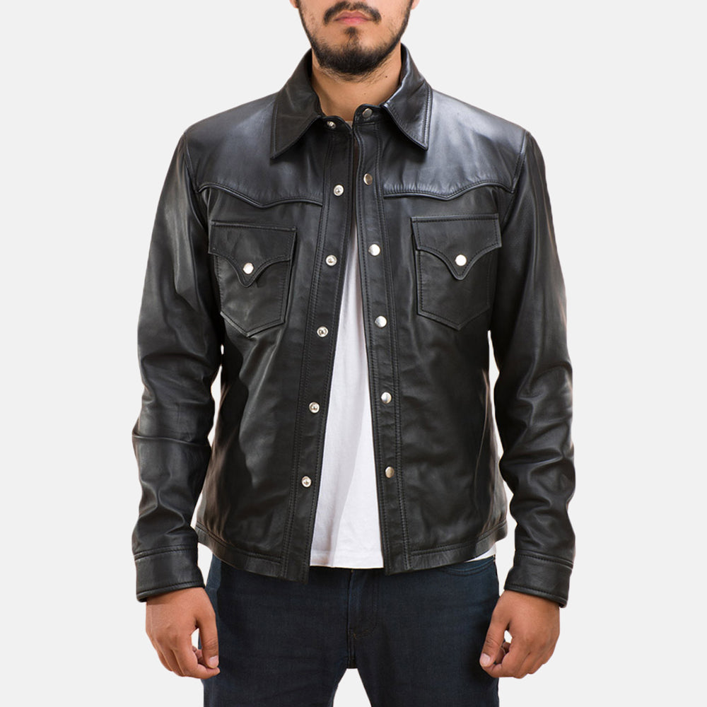 
Ranchson Черный Leather Shirt для Мужчин in Black Sheepskin Leather - Вид спереди и приталенный силуэт | Купить в официальном онлайн-магазине