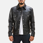 
Ranchson Черный Leather Shirt для Мужчин in Black Sheepskin Leather - Вид спереди и приталенный силуэт | Купить в официальном онлайн-магазине