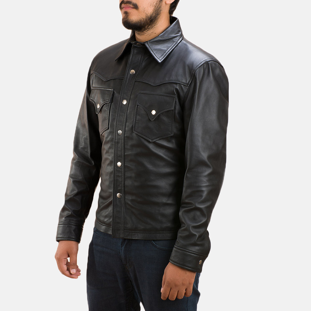 
Ranchson Черный Leather Shirt для Мужчин - Вид сбоку, демонстрирующий эргономичный крой рукава