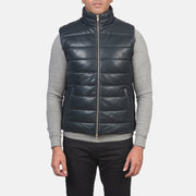 
Крупный план деталей of Classic Collar & Zipper with Dual Puller Hardware on Reeves Синий Leather Утепленный жилет для Мужчин