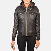 
Крупный план деталей of High Neck with Belt & Zipper Hardware on Roslyn Brown Hooded Leather Bomber Jacket