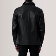Close-Up Detail of Shirt &amp; Zipper Hardware on Sean Black Leather Classic Jacket For Men