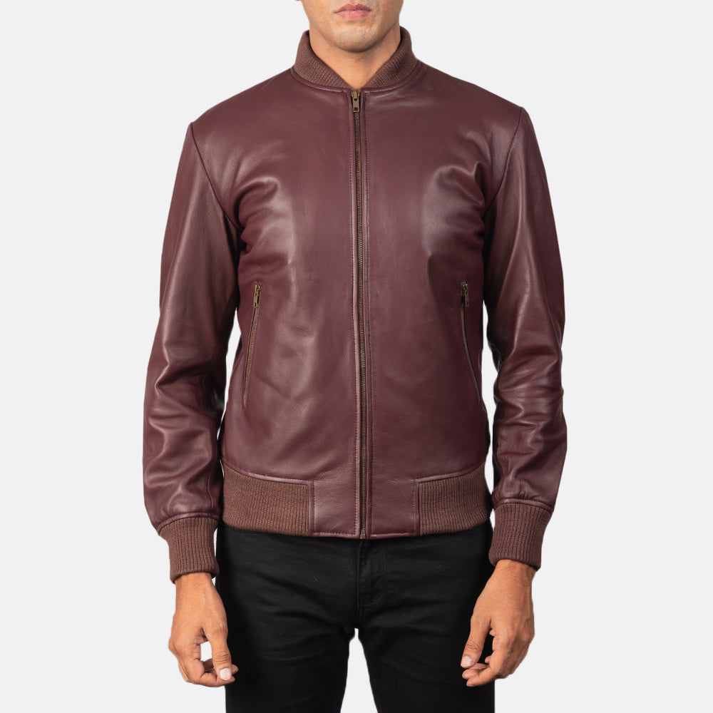 Close-Up Detail of Varsity &amp; Zipper Hardware on Men's Shane Maroon Leather Bomber Jacket