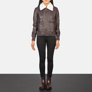 Women's Stella G-1 Maroon Leather Bomber Jacket - Lateral Side Profile View Showing Sleeve Cut &amp; Athletic Taper Fit