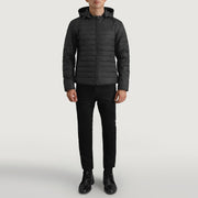 
Tyler Черный Hooded Puffer Кожаная куртка для Мужчин - Вид сбоку, демонстрирующий эргономичный крой рукава