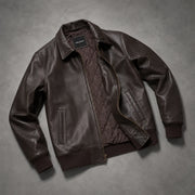 
Tailored Rib Cuffs & Hem Craftsmanship Construction Detail on Dark Коричневый Sheepskin Кожаный бомбер для Мужчин