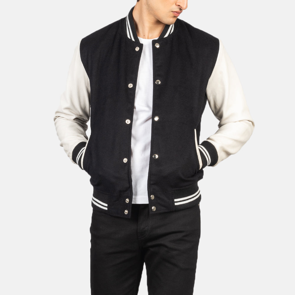 Vaxton Черная &amp; White Hybrid Varsity Кожаная куртка мужская in Black &amp; White Sheepskin Leather - Вид спереди и приталенный силуэт | Купить онлайн