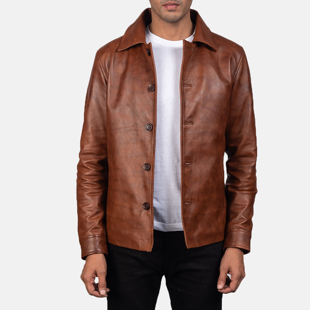 
Waffle Коричневый Кожаная куртка для Мужчин in Distressed Brown Sheepskin Burnishing - Вид спереди и приталенный силуэт | Купить в официальном онлайн-магазине