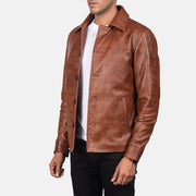 
Distressed Brown Sheepskin Burnishing Leather Jacket - Вид сзади, подчеркивающий посадку по плечам и ровный край