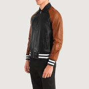 
Blue Sheepskin Leather Varsity Jacket - Вид сзади, подчеркивающий посадку по плечам и ровный край