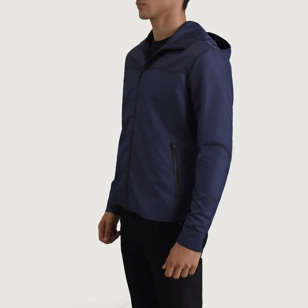 
Blue Full-Grain Leather Hooded Jacket - Вид сзади, подчеркивающий посадку по плечам и ровный край