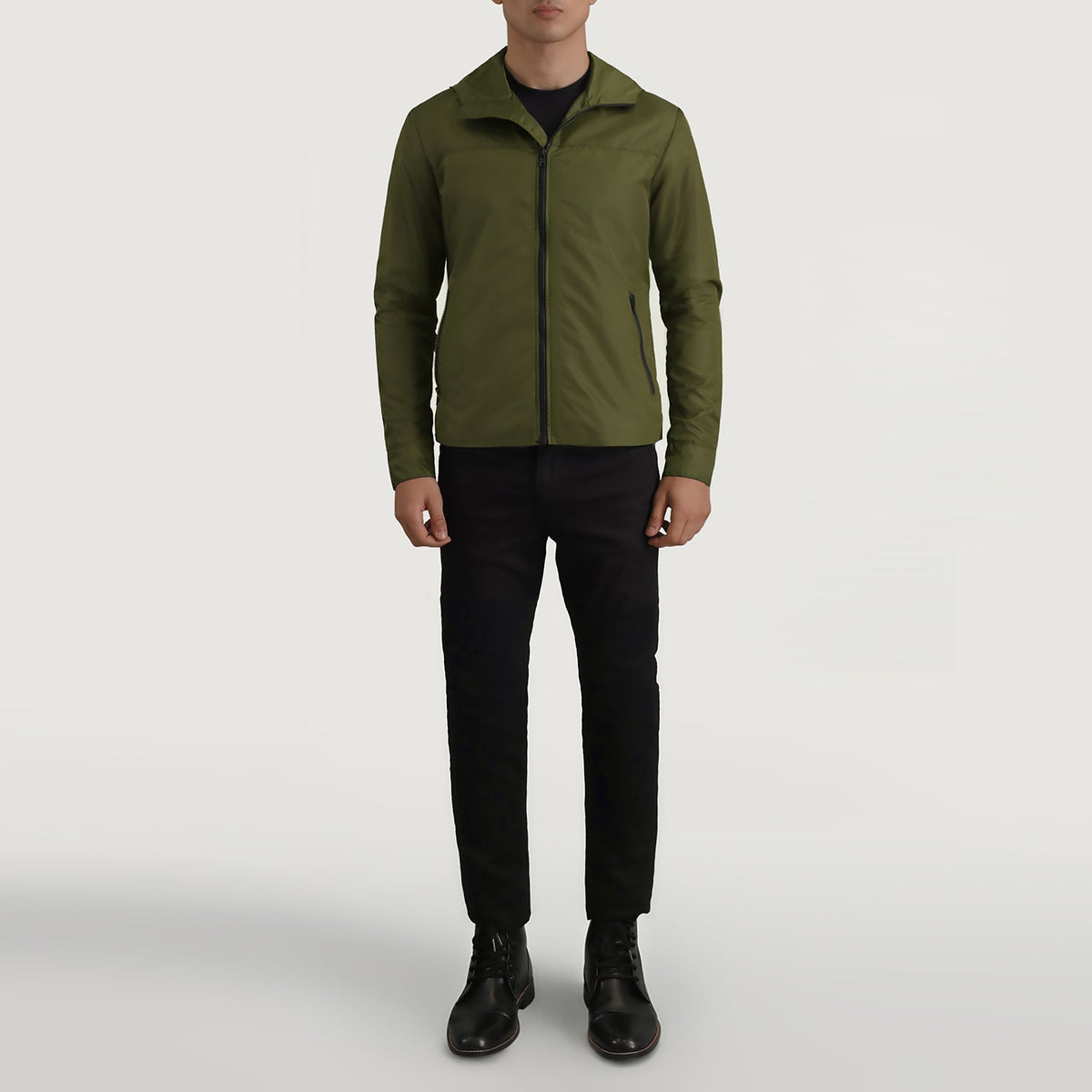 
Wesley Оливковый Hooded Windbreaker Кожаная куртка для Мужчин - Вид сбоку, демонстрирующий эргономичный крой рукава