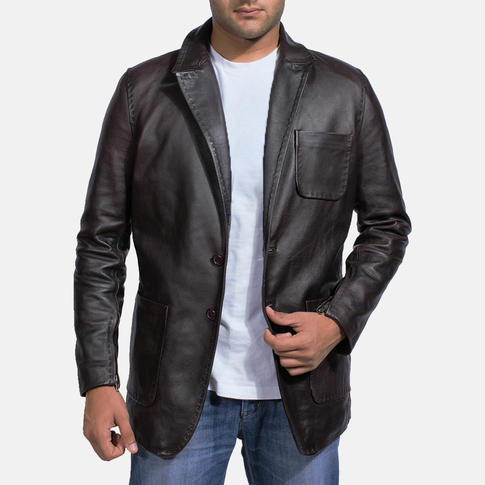 
Dark Brown Cow Hide leather Blazer - Вид сзади, подчеркивающий посадку по плечам и ровный край